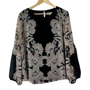 Calvin Klein Floral Long Sleeve Blouse Size L Multicolor Sheer Overlay Lined